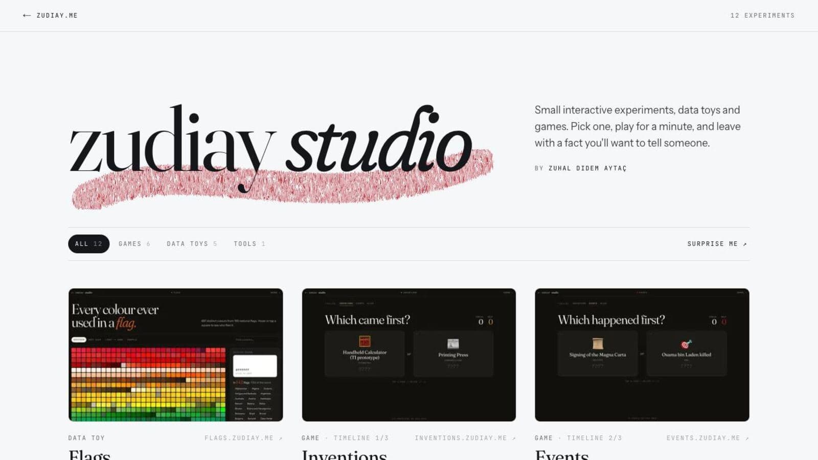 The zudiay studio home page: a grid of small games and data experiments